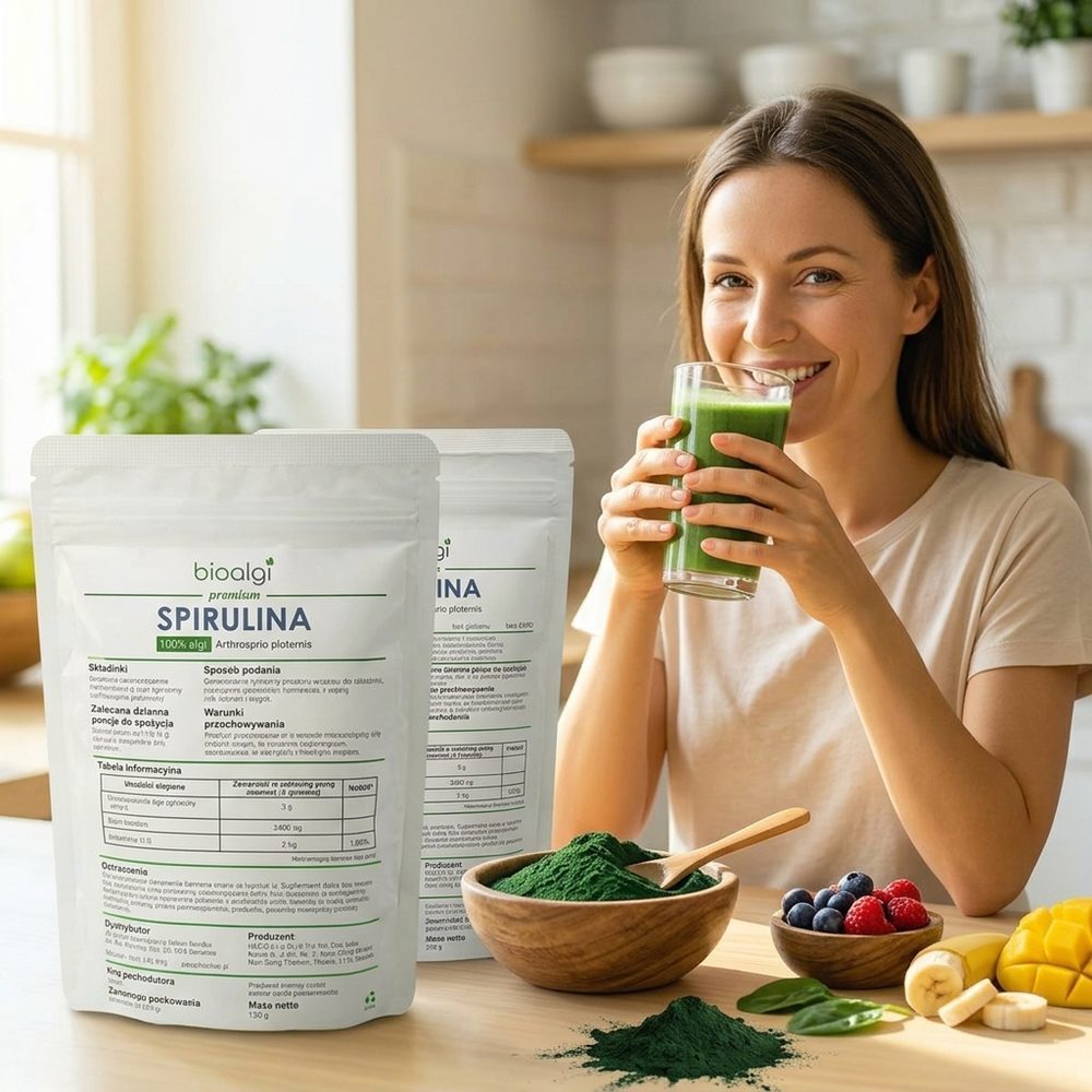 Kobieta pije zielony koktajl w kuchni, obok opakowania spiruliny bioalgi, miseczka proszku i świeże owoce