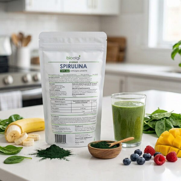 Opakowanie bioalgi premium Spirulina 250 g na kuchennym blacie, obok szklanka zielonego koktajlu, banan i mango